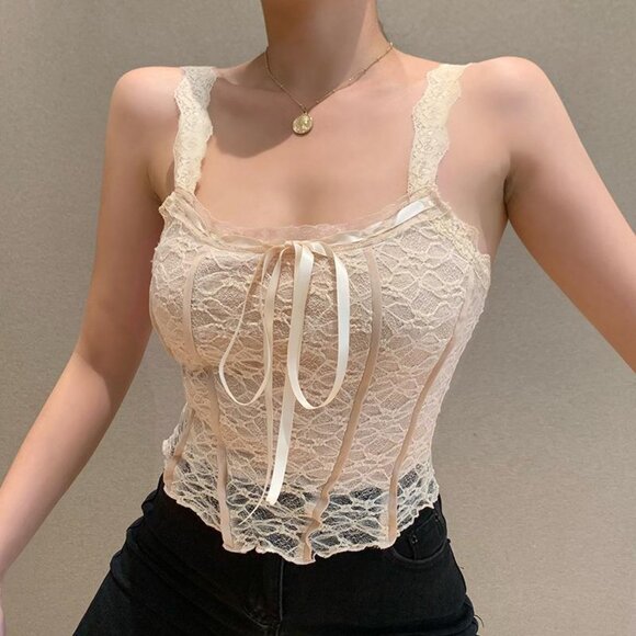 ✨ NEW Y2K Lace Mesh Corset Top  Beige - Picture 3 of 13